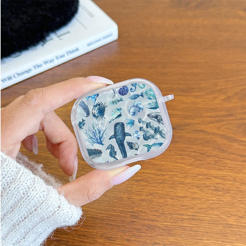 Marine Life Earphone Case for Airpods Pro2/Pro3/Pro Blue Sea Turtle Whale Shark Print Case for AirPods 4/3/2/1 Protective Cover