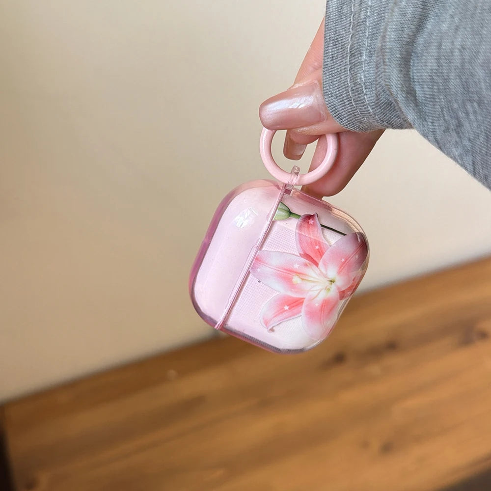 Pink Lily Floral Pattern Lovely Earphone Protective Clear Case Suitable for AirPods 1 2 3 4 Pro Pro2 Pro3 Wireless Anti-fall Box
