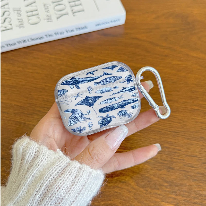 Marine Life Earphone Case for Airpods Pro2/Pro3/Pro Blue Sea Turtle Whale Shark Print Case for AirPods 4/3/2/1 Protective Cover