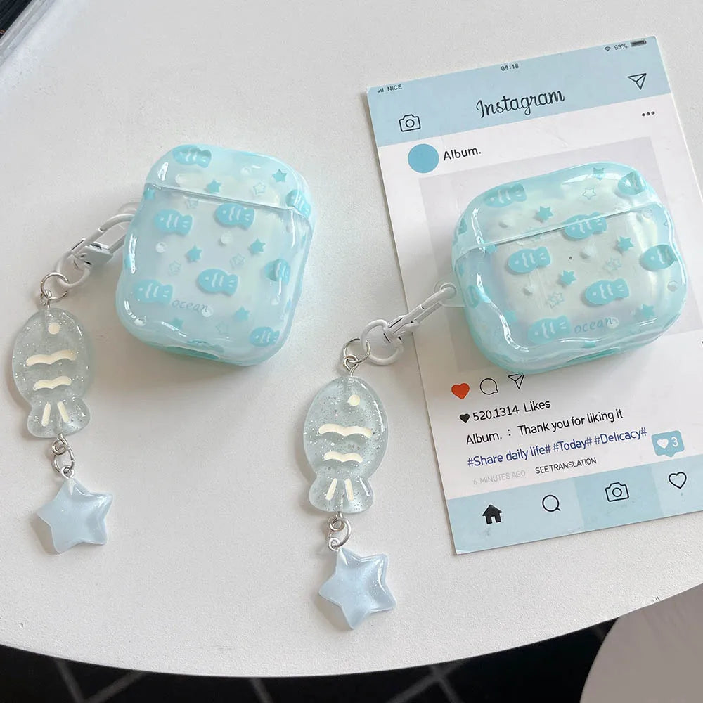 Case For AirPods 4 2 3 Pro 2 EarBuds Blue Fish Star Fresh Earphone funda with Keyring For AirPod 4 Pro2 Headset Bags Accessories