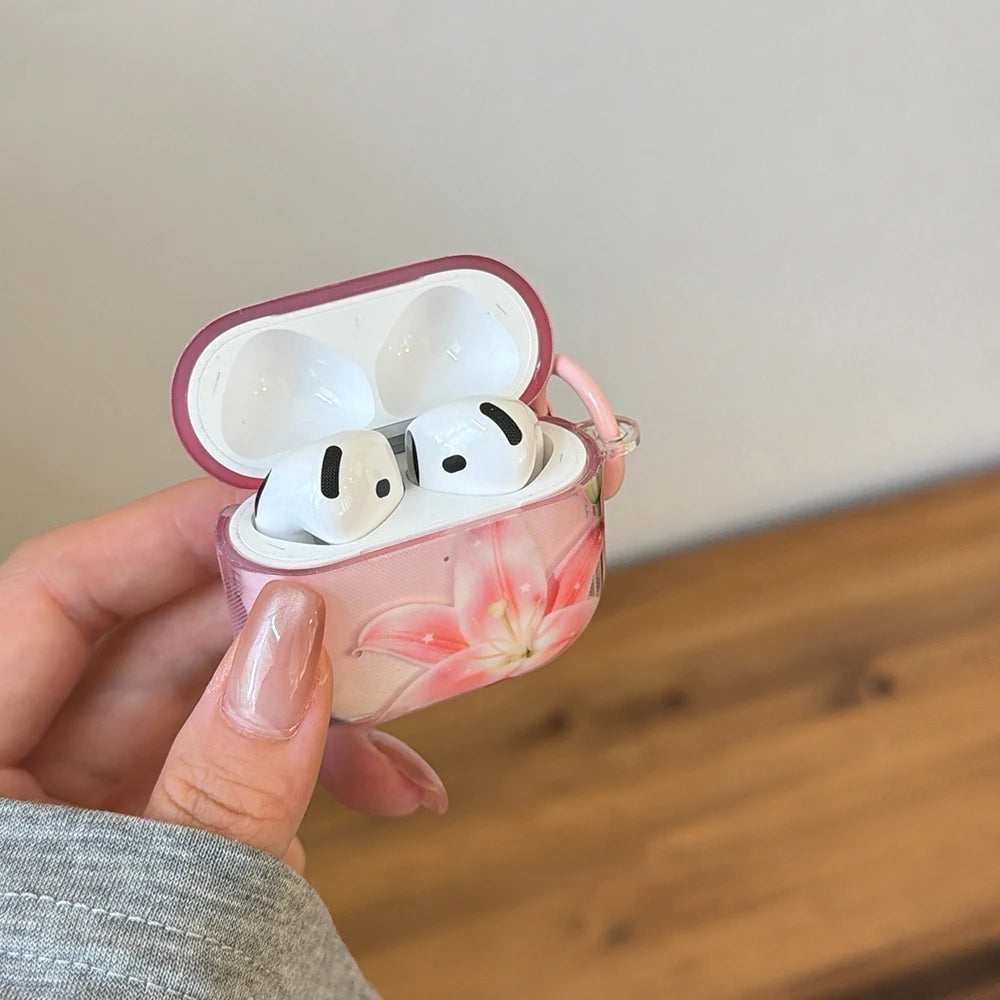 Pink Lily Floral Pattern Lovely Earphone Protective Clear Case Suitable for AirPods 1 2 3 4 Pro Pro2 Pro3 Wireless Anti-fall Box