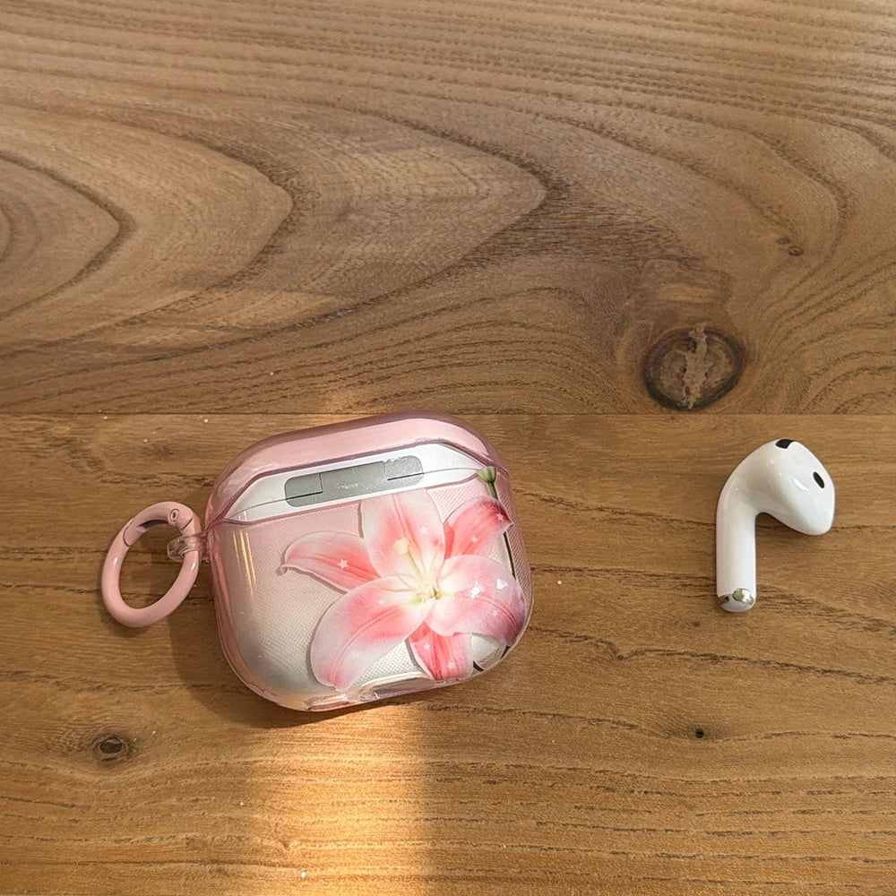 Pink Lily Floral Pattern Lovely Earphone Protective Clear Case Suitable for AirPods 1 2 3 4 Pro Pro2 Pro3 Wireless Anti-fall Box