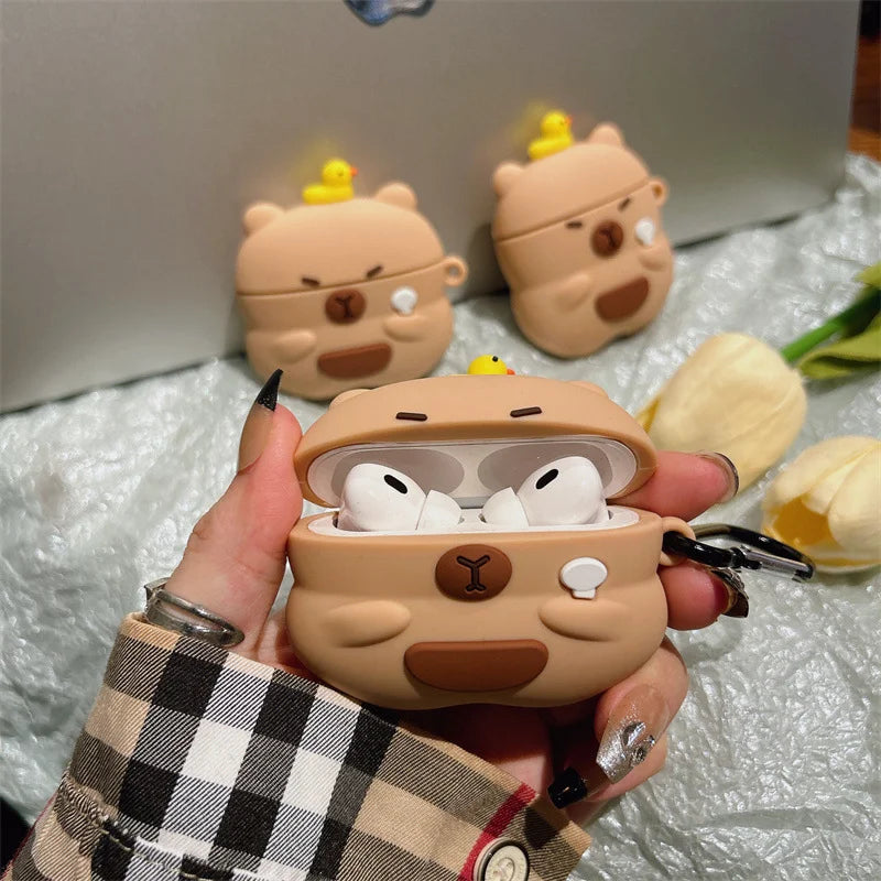 For Airpods 5 2026 Pro 3 2 4 Pro3 Pro2 Earphone Case Cute 3D Cartoon Capybara Soft Silicone Duck Headphone Cover with Carabiner