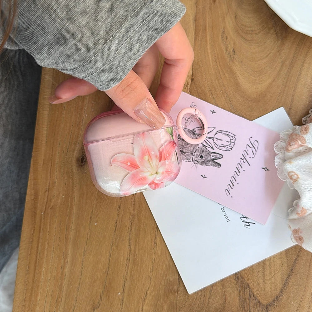 Pink Lily Floral Pattern Lovely Earphone Protective Clear Case Suitable for AirPods 1 2 3 4 Pro Pro2 Pro3 Wireless Anti-fall Box