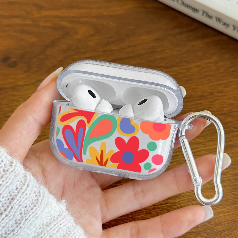 Cartoon Flower Love Heart Earphone Case for AirPods 4 3 2 1 Pro2 Pro Soft TPU Transparent Headset Protective Cover with Hook