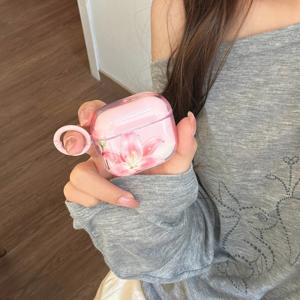 Pink Lily Floral Pattern Lovely Earphone Protective Clear Case Suitable for AirPods 1 2 3 4 Pro Pro2 Pro3 Wireless Anti-fall Box