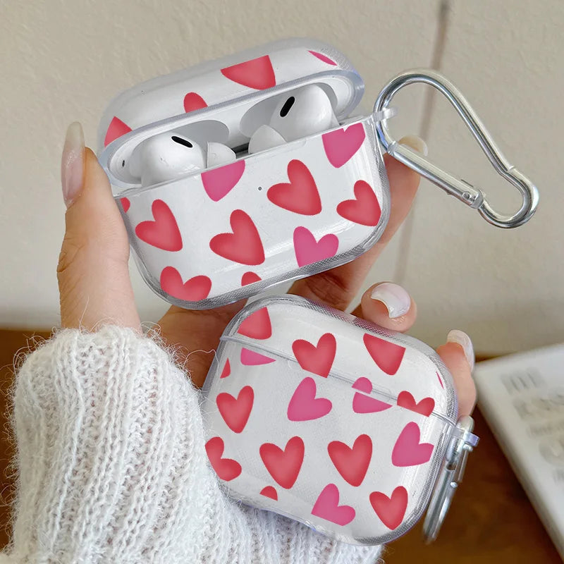 Cartoon Flower Love Heart Earphone Case for AirPods 4 3 2 1 Pro2 Pro Soft TPU Transparent Headset Protective Cover with Hook