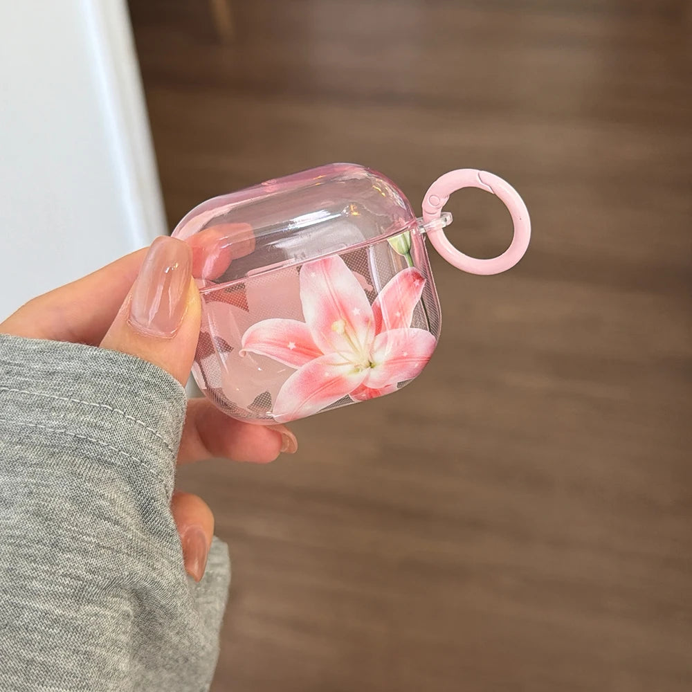 Pink Lily Floral Pattern Lovely Earphone Protective Clear Case Suitable for AirPods 1 2 3 4 Pro Pro2 Pro3 Wireless Anti-fall Box