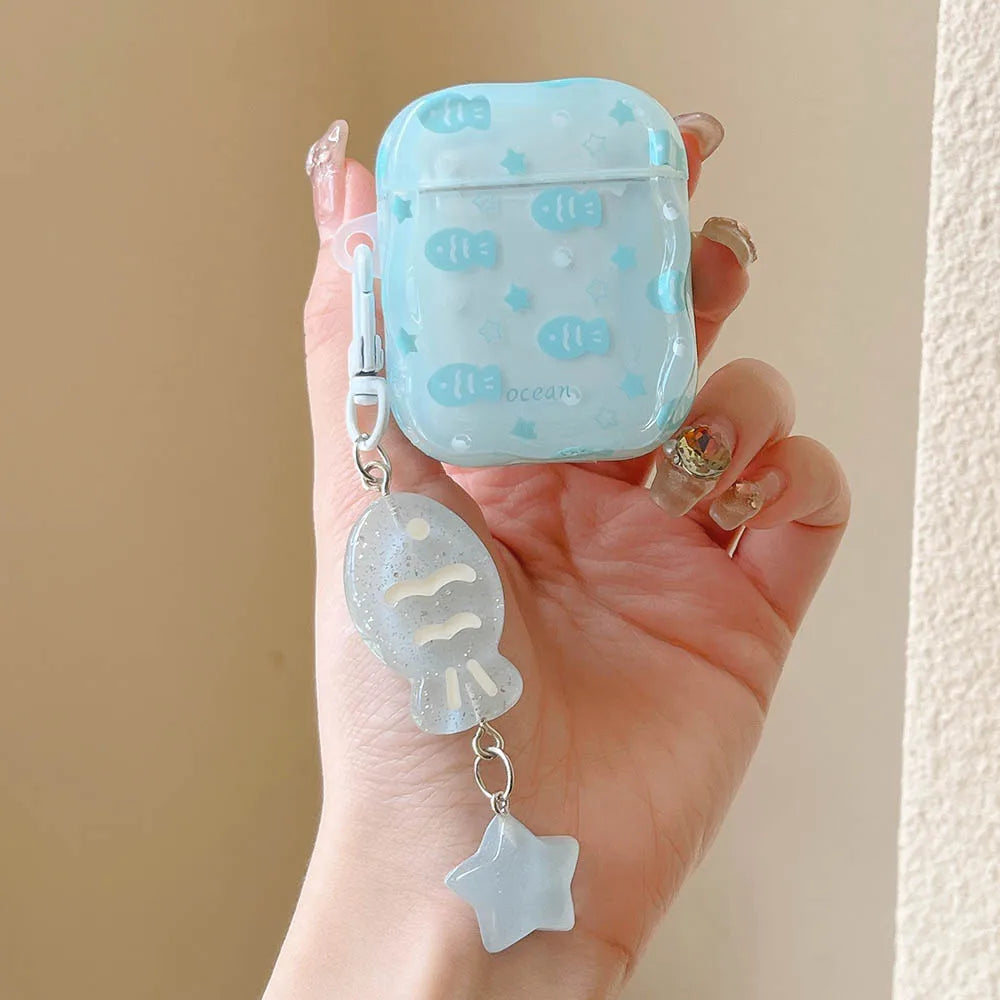 Case For AirPods 4 2 3 Pro 2 EarBuds Blue Fish Star Fresh Earphone funda with Keyring For AirPod 4 Pro2 Headset Bags Accessories