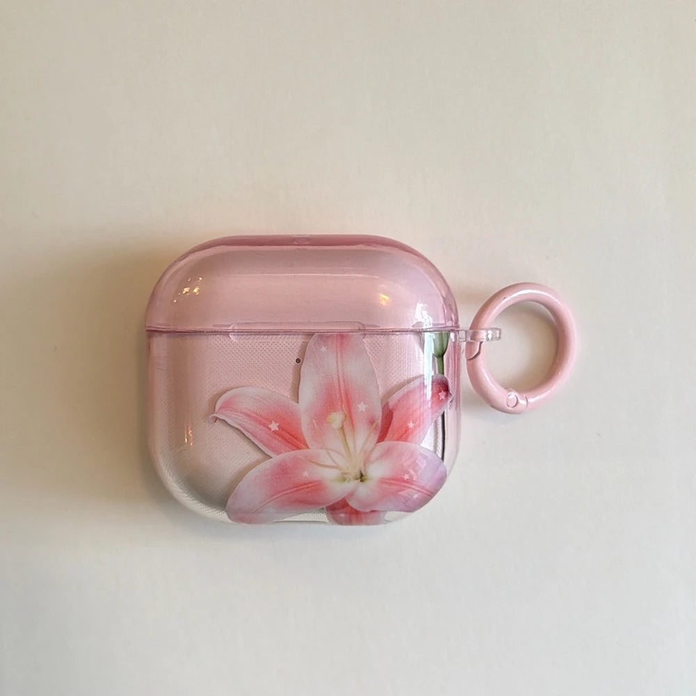 Pink Lily Floral Pattern Lovely Earphone Protective Clear Case Suitable for AirPods 1 2 3 4 Pro Pro2 Pro3 Wireless Anti-fall Box