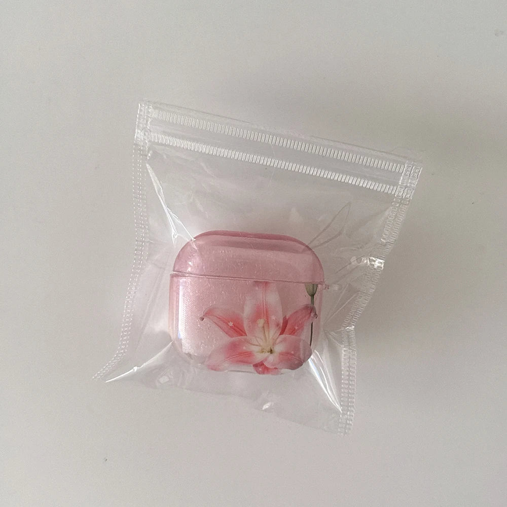 Pink Lily Floral Pattern Lovely Earphone Protective Clear Case Suitable for AirPods 1 2 3 4 Pro Pro2 Pro3 Wireless Anti-fall Box