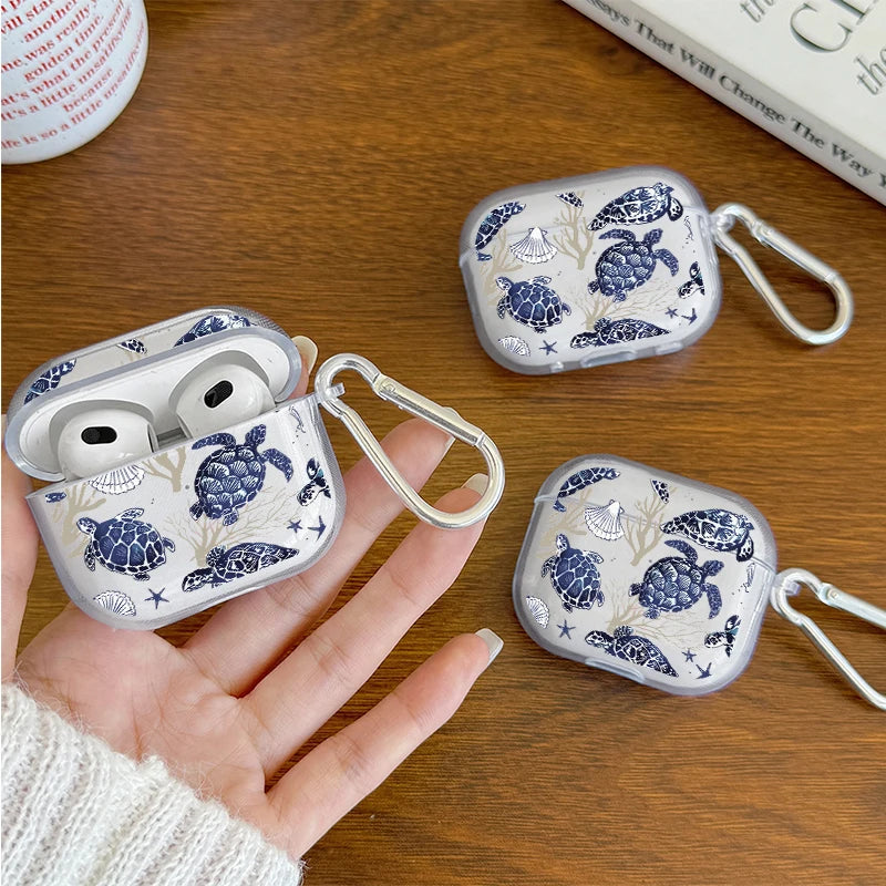 Marine Life Earphone Case for Airpods Pro2/Pro3/Pro Blue Sea Turtle Whale Shark Print Case for AirPods 4/3/2/1 Protective Cover