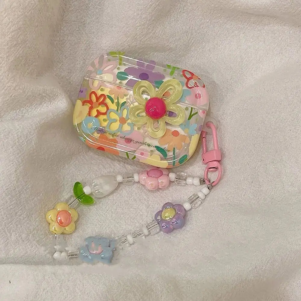 TPU Material Flower Earphone Case Anti-Fall Dustproof Headphone Case Shockproof With Beads Keychain for Airpods Pro2/1/2/3/4