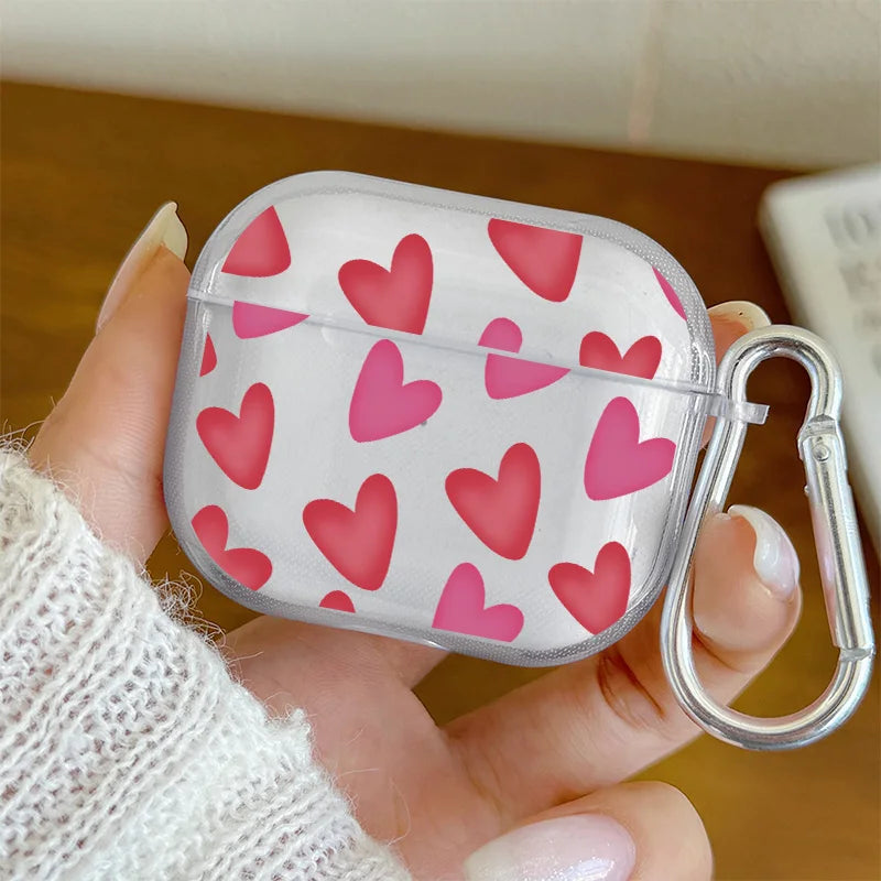 Cartoon Flower Love Heart Earphone Case for AirPods 4 3 2 1 Pro2 Pro Soft TPU Transparent Headset Protective Cover with Hook