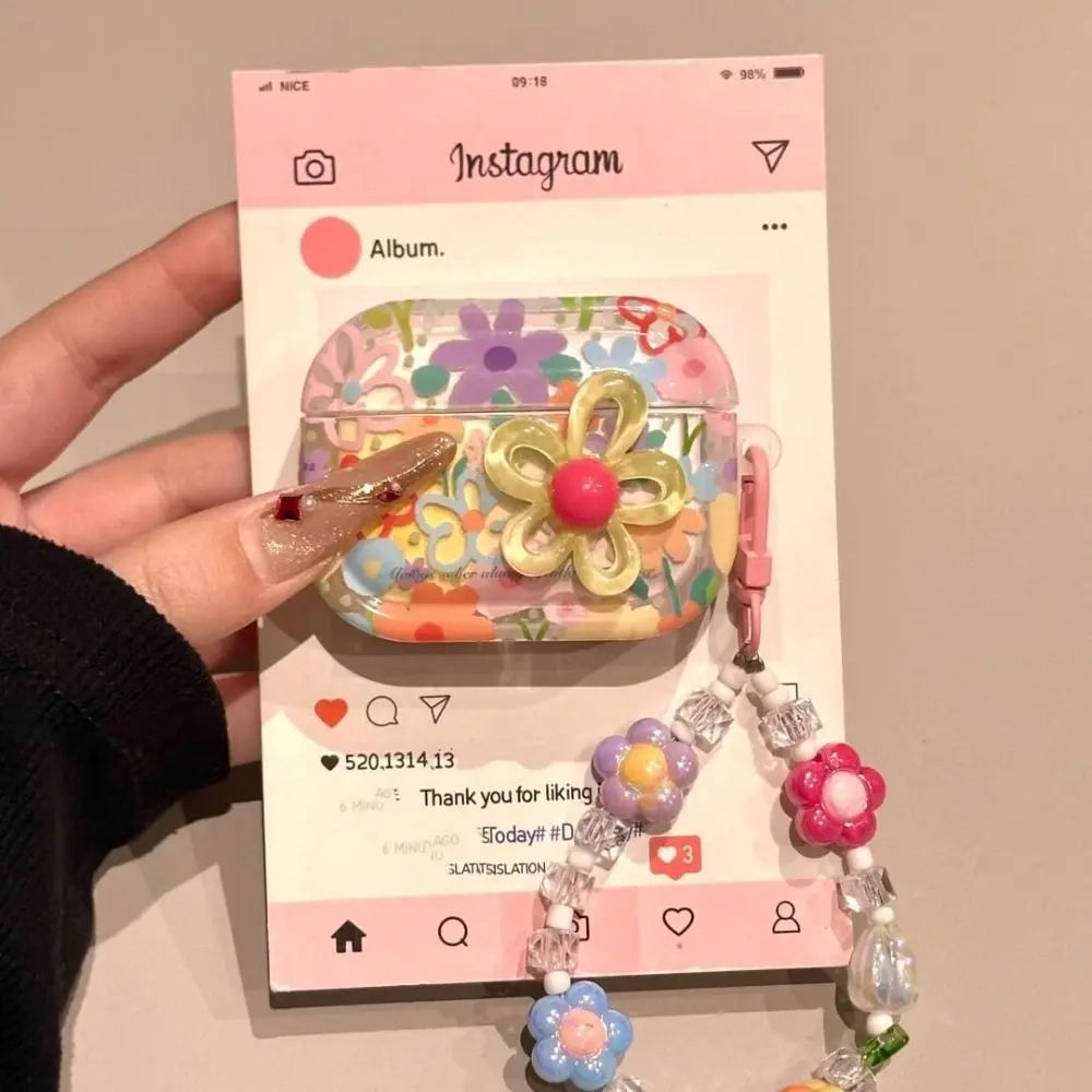 TPU Material Flower Earphone Case Anti-Fall Dustproof Headphone Case Shockproof With Beads Keychain for Airpods Pro2/1/2/3/4